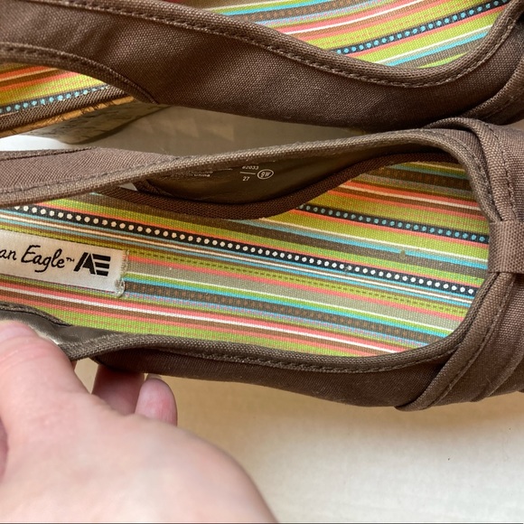 American Eagle Brown Sling Back Cork Wedges with Open Toe Sandals  A196 - Picture 2 of 6